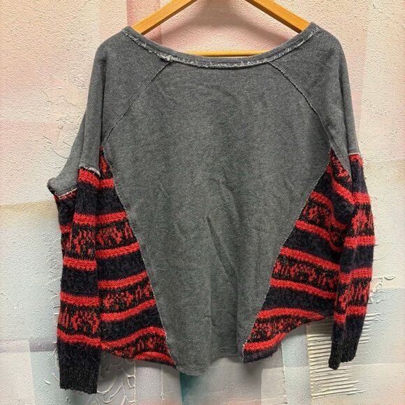 Free People L Red Gray Boat Neck Sweater Alpaca Wool Cotton Boho Preppy Classy - Picture 3 of 8